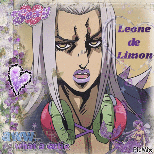 A Picture Of A Man With Purple Lips And The Words Leone De Limon On It GIF