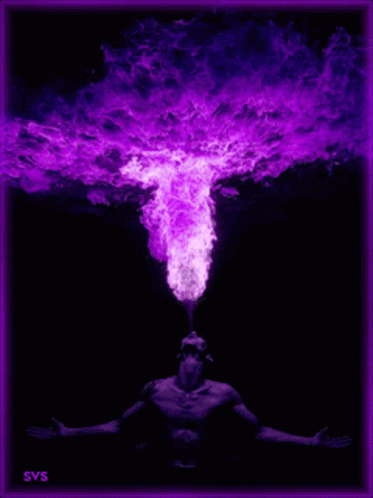 A Picture Of A Man With Purple Smoke Coming Out Of His Mouth With The Letters Svs On The Bottom Right GIF