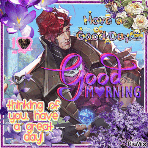 A Picture Of A Man With Red Hair And Purple Flowers Says Have A Good Day Thinking Of You Have A Great Day GIF