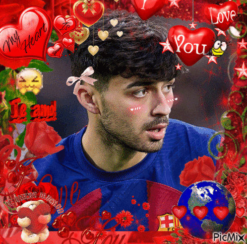 a picture of a man with red hearts and the words " my heart "