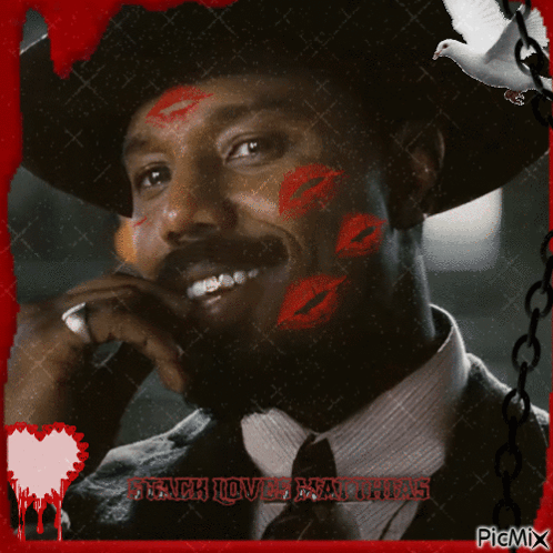 A Picture Of A Man With Red Kisses On His Face And The Words " Black Love Is Always " GIF
