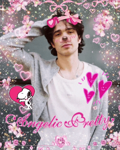 A Picture Of A Man With Snoopy And The Words Angelic Pretty On It GIF