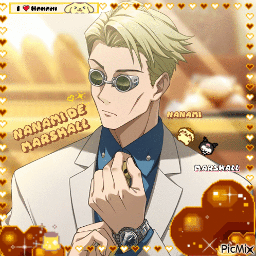 A Picture Of A Man With Sunglasses And The Words Nanami De Marshall On It GIF