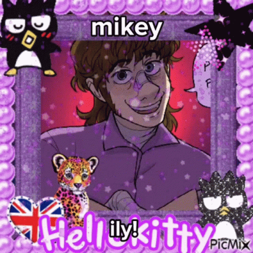 A Picture Of A Man With The Name Mikey On The Bottom GIF