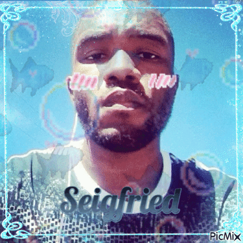 A Picture Of A Man With The Name Seigfried Written On It GIF