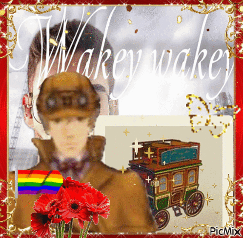 A Picture Of A Man With The Word Wakey Wakey Written On It GIF