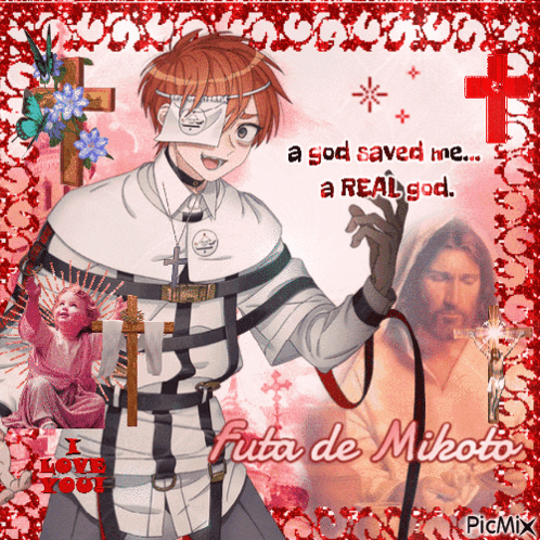 A Picture Of A Man With The Words A God Saved Me A Real God Written On It GIF