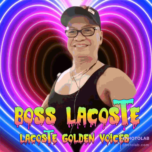 A Picture Of A Man With The Words Boss Lacoste Lacoste Golden Voice Behind Him GIF