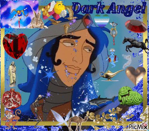 A Picture Of A Man With The Words Dark Angel Written On It GIF