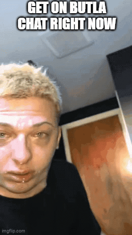 A Picture Of A Man With The Words Get On Butla Chat Right Now On The Bottom GIF