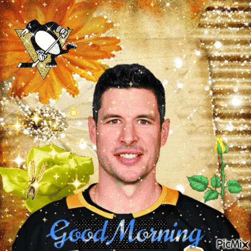 A Picture Of A Man With The Words " Good Morning " On The Bottom GIF