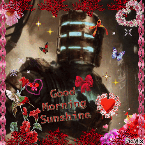 A Picture Of A Man With The Words Good Morning Sunshine Surrounded By Flowers And Butterflies GIF