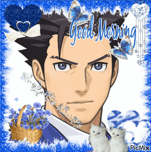 A Picture Of A Man With The Words Good Morning Written Above Him GIF