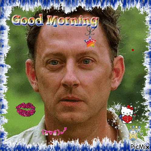 A Picture Of A Man With The Words " Good Morning " Written On It GIF
