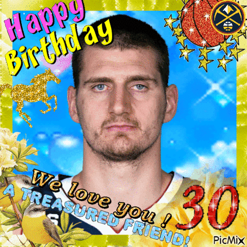 A Picture Of A Man With The Words Happy Birthday We Love You Treasured Friend On It GIF