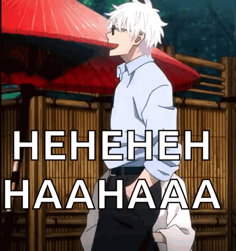 A Picture Of A Man With The Words ' Henehene Haahaaa ' On The Bottom Right GIF