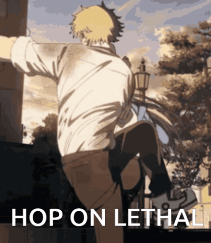 A Picture Of A Man With The Words Hop On Lethal Written Below Him GIF