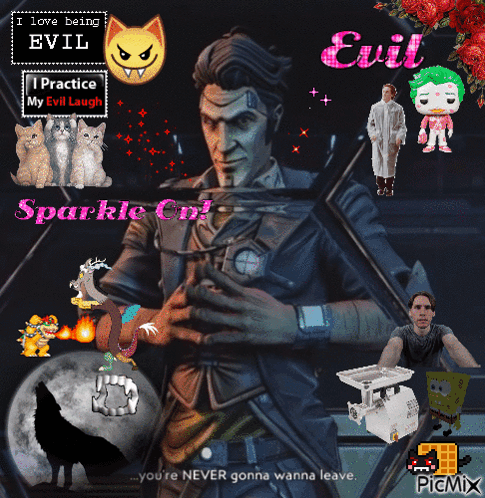 A Picture Of A Man With The Words I Love Being Evil Written On It GIF