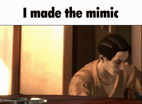 A Picture Of A Man With The Words " I Made The Mimic " Below Him GIF