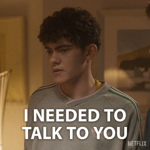 A Picture Of A Man With The Words I Needed To Talk To You Above Him GIF