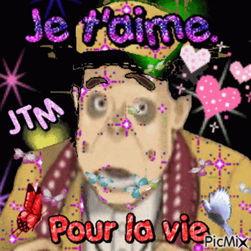 A Picture Of A Man With The Words Je T'aime Pour La Vie Written On It GIF