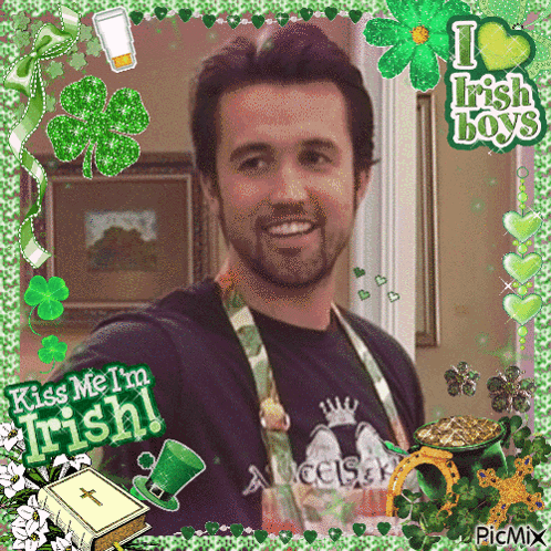 A Picture Of A Man With The Words " Kiss Me I 'M Irish " GIF