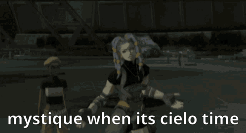 A Picture Of A Man With The Words Mystique When Its Cielo Time On It GIF