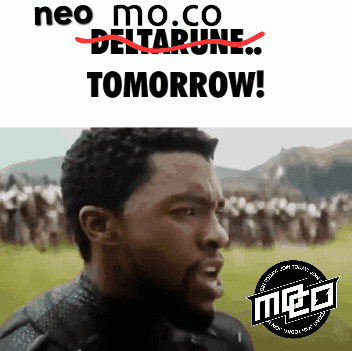 A Picture Of A Man With The Words Neo Mo Co Deltarune Tomorrow Written Above Him GIF