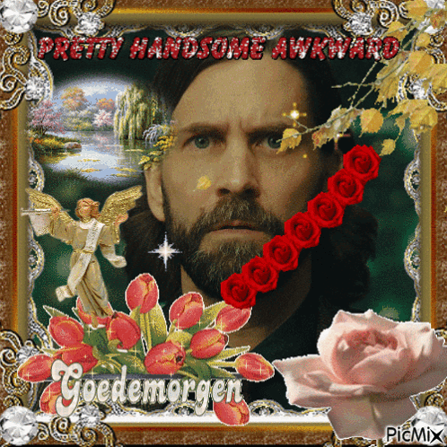 A Picture Of A Man With The Words Pretty Handsome Awkward On The Bottom GIF