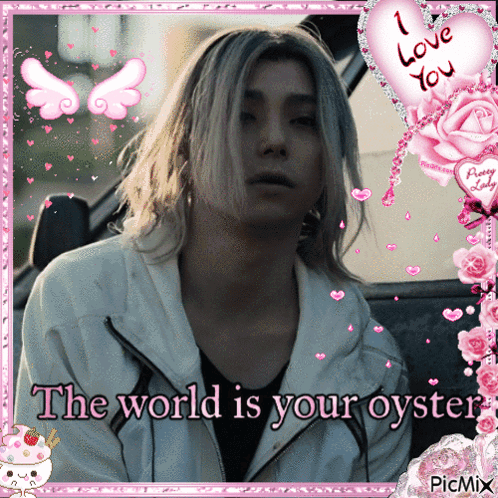 A Picture Of A Man With The Words " The World Is Your Oyster " On It GIF