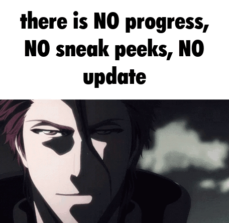 A Picture Of A Man With The Words " There Is No Progress No Sneak Peeks No Update " On It GIF