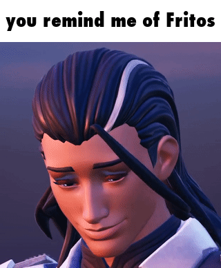A Picture Of A Man With The Words " You Remind Me Of Fritos " On The Bottom GIF