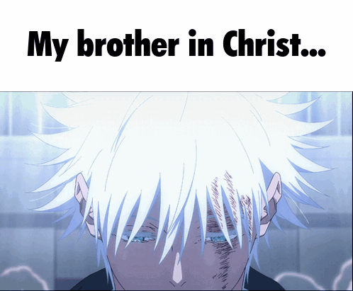 A Picture Of A Man With White Hair And The Words " My Brother In Christ " Above Him GIF