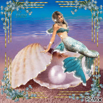 a picture of a mermaid sitting in a shell with a pearl in it