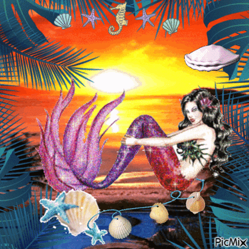 A Picture Of A Mermaid Sitting On A Beach With Seashells And A Seahorse GIF