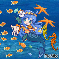 A Picture Of A Mermaid Surrounded By Fish And Seahorses With Picmix In The Bottom Right Corner GIF