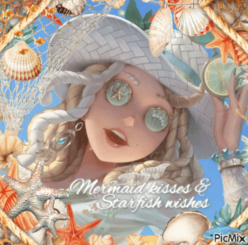 A Picture Of A Mermaid With The Words Mermaid Kisses & Starfish Wishes GIF
