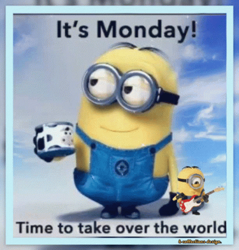 A Picture Of A Minion Holding A Cup Of Coffee Says It 'S Monday GIF
