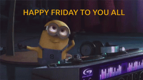 A Picture Of A Minion On A Turntable With The Words Happy Friday To You All GIF