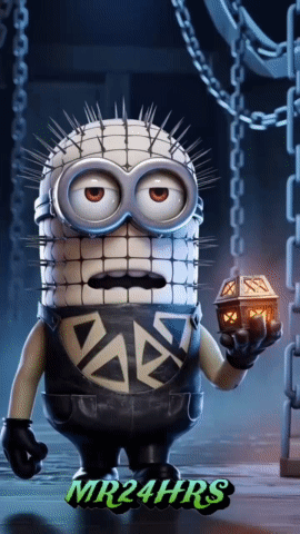 a picture of a minion with spikes on his head and the words mr24hrs on the bottom right