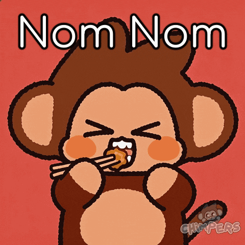 A Picture Of A Monkey Eating Something With The Words Nom Nom Written Above It GIF