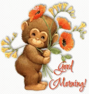 A Picture Of A Monkey Holding A Bouquet Of Flowers With The Words Good Morning Below It GIF