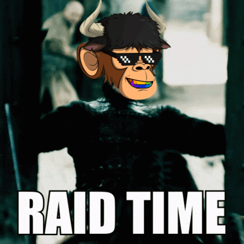 A Picture Of A Monkey Wearing Sunglasses And Horns With The Words Raid Time Below It GIF