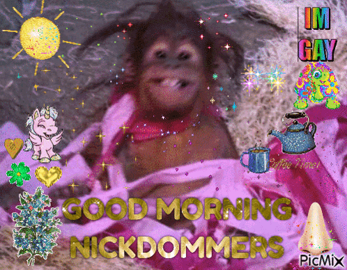 A Picture Of A Monkey With The Words Good Morning Nickdommers GIF