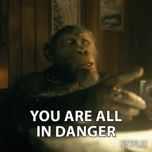 A Picture Of A Monkey With The Words You Are All In Danger On It GIF