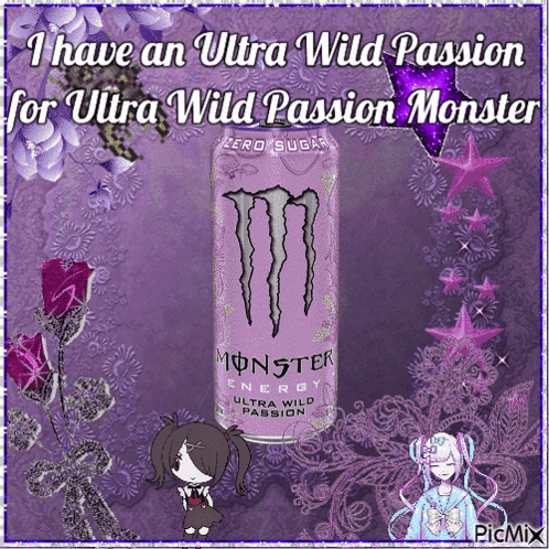 A Picture Of A Monster Energy Drink With A Purple Background GIF
