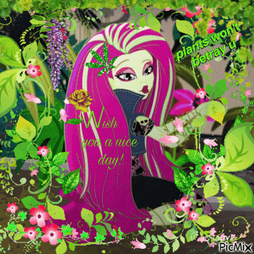 A Picture Of A Monster High Character Surrounded By Flowers And Plants GIF