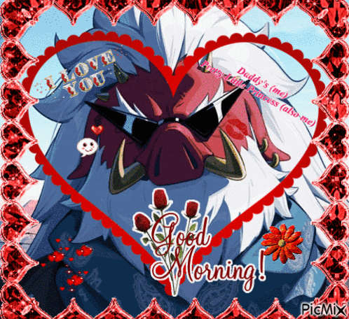 A Picture Of A Monster Wearing Sunglasses And A Heart Shaped Frame That Says Good Morning GIF