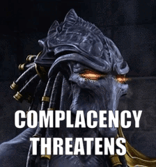 a picture of a monster with the words complacency threatens below it