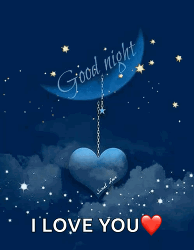 A Picture Of A Moon With A Heart Hanging From It And The Words " Good Night I Love You " GIF